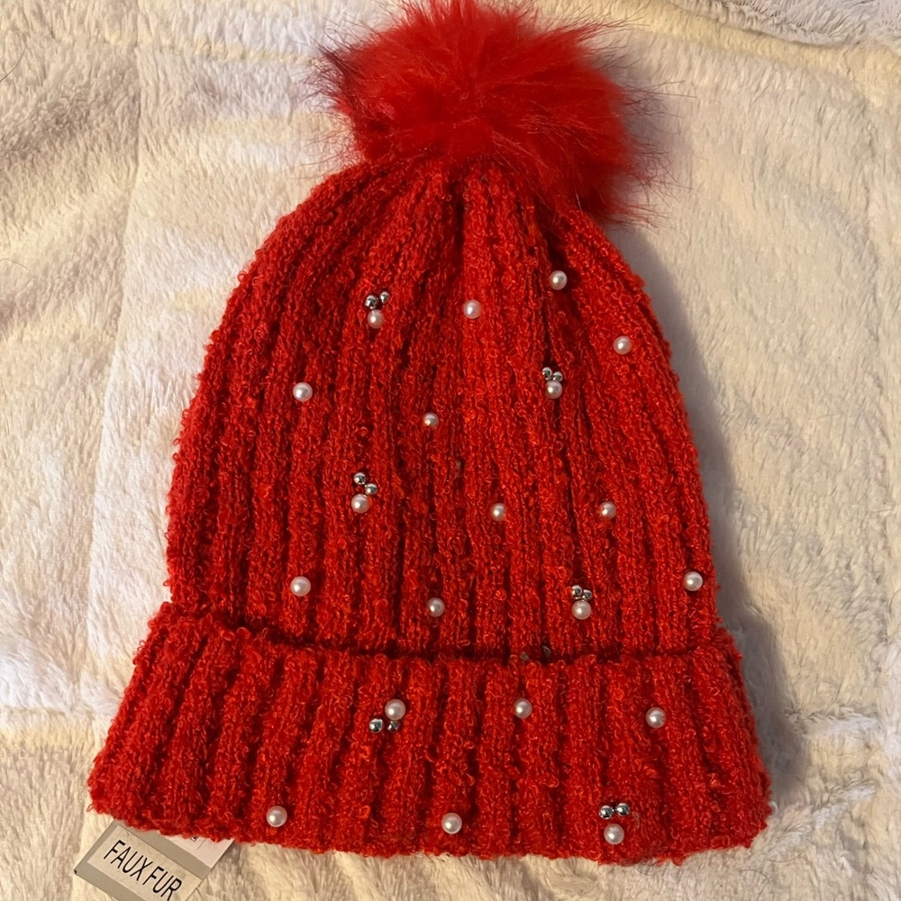 NWT BP. Nordstrom Cuffed Pom Beanie- Winter Hat Red Flame Scarlet Pearl Beaded